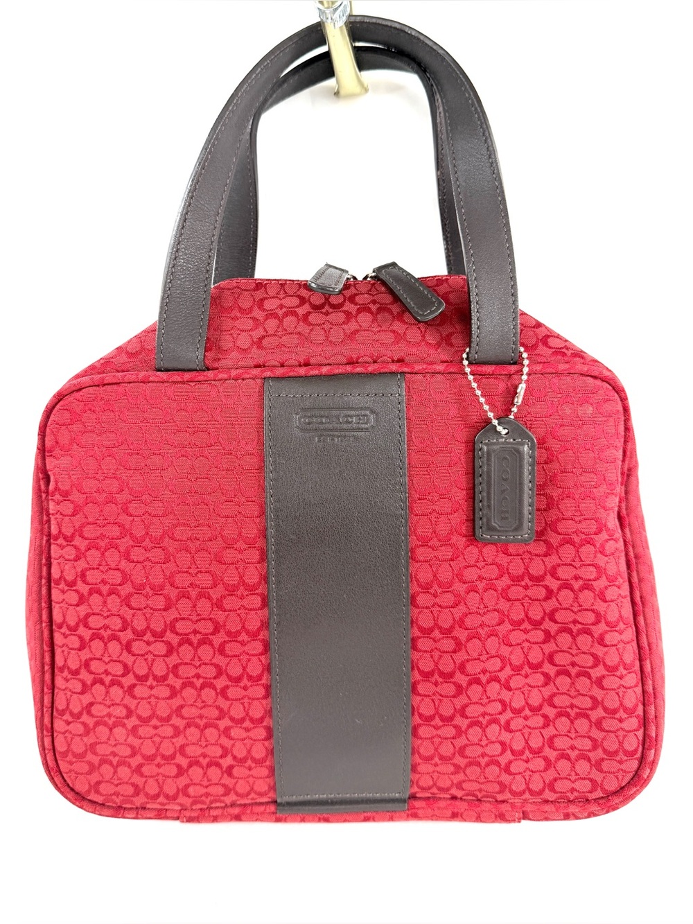 Coach Red Signature Jacquard Travel Makeup Toiletry Bag Hang Up Leather Trim Vtg